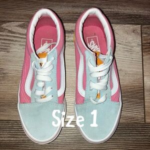 Girls Old Skool Vans in Pink/Dusty Blue/Orange in G-EUC